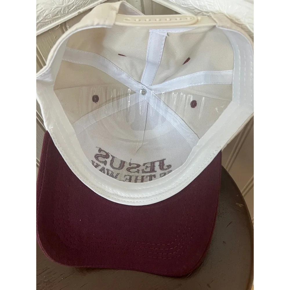 Jesus Is The Way Christian Baseball Cap Hat Cream Burgundy Embroidered Trucker
